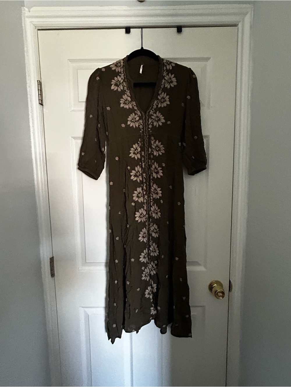 Free People Olive Green Floral-Embroidered Long Sleeve Maxi Dress